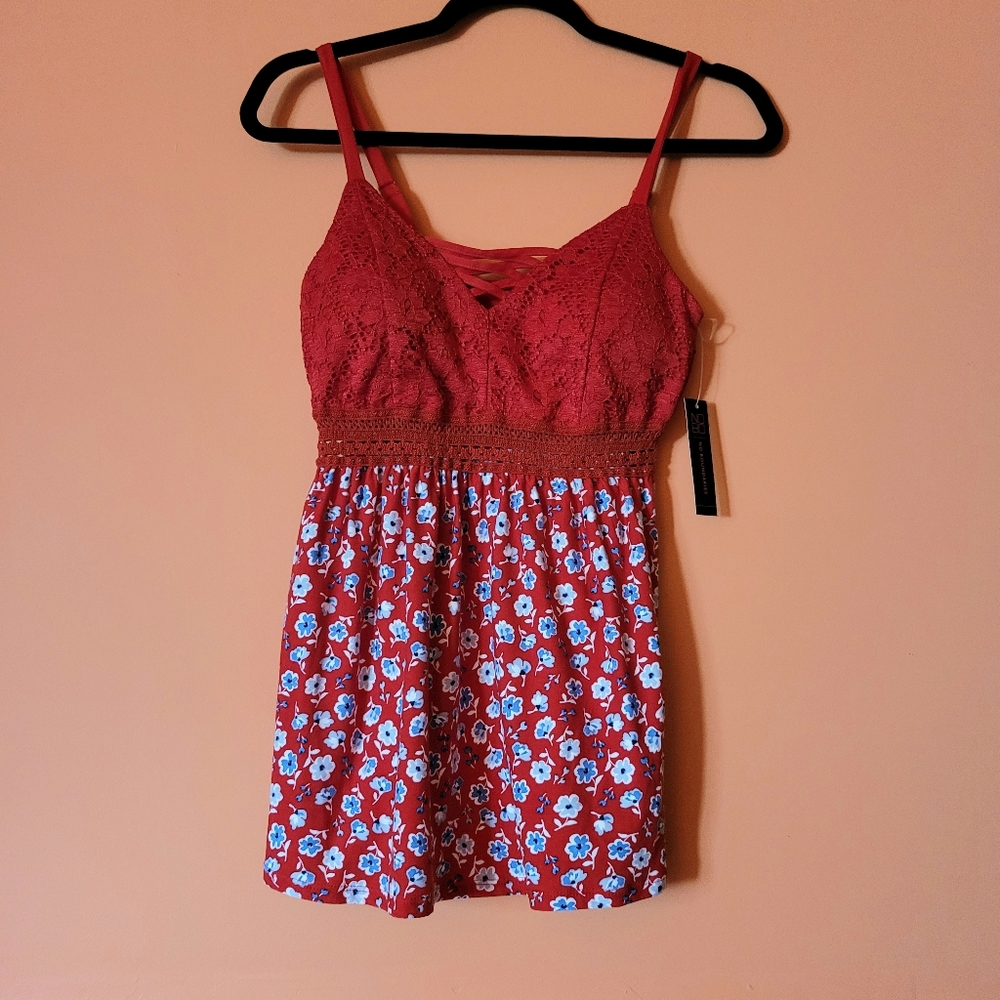 No Boundaries Red Floral Long Lace Top Blouse